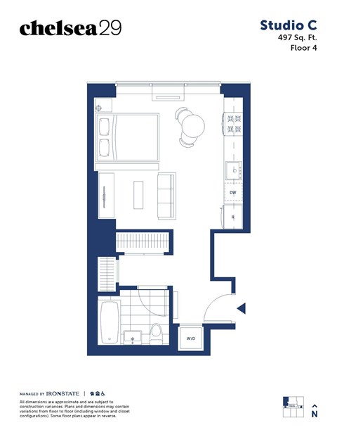 A blueprint of a studio apartment layout.